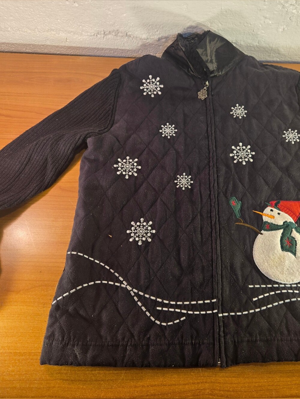 VTG Breckenridge Christmas Sweater Jacket Womens M Black Quilted Faux Snowman